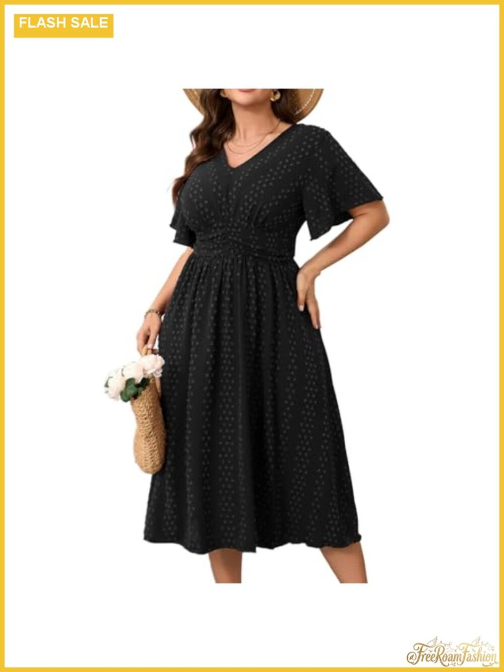 Plus Size Swiss Dot Maxi Dress V-Neck Short Sleeve A-Line Swing